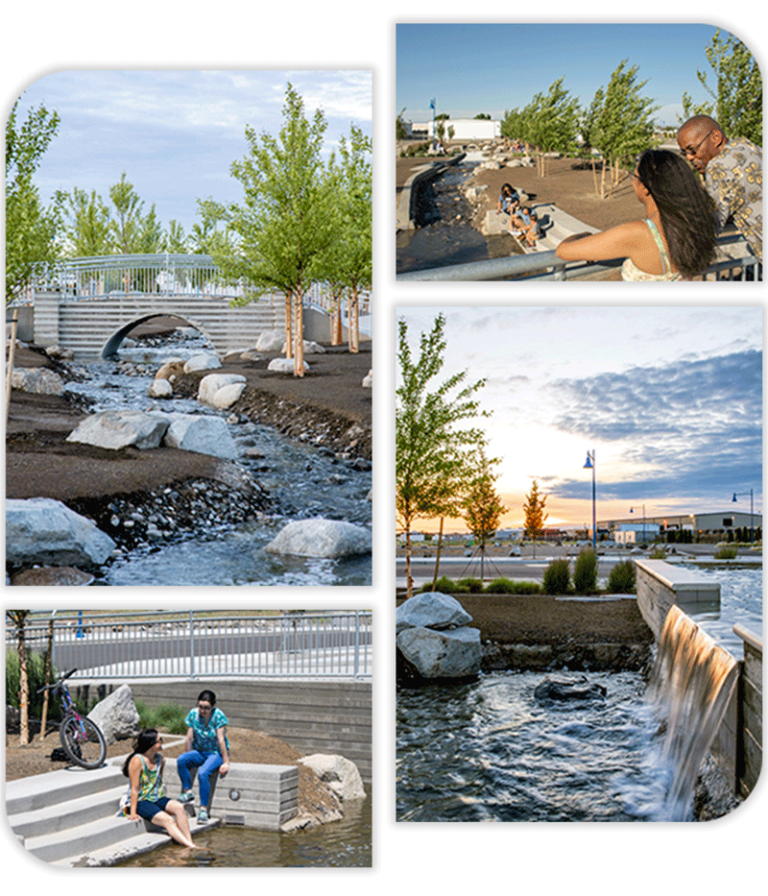 A collage of images showing people at Vista Field and the stream, pedestrian bridge and a fountain.