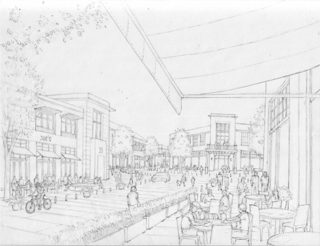 An artist's conceptual pencil drawing of a commercial area at Vista Field phase one.